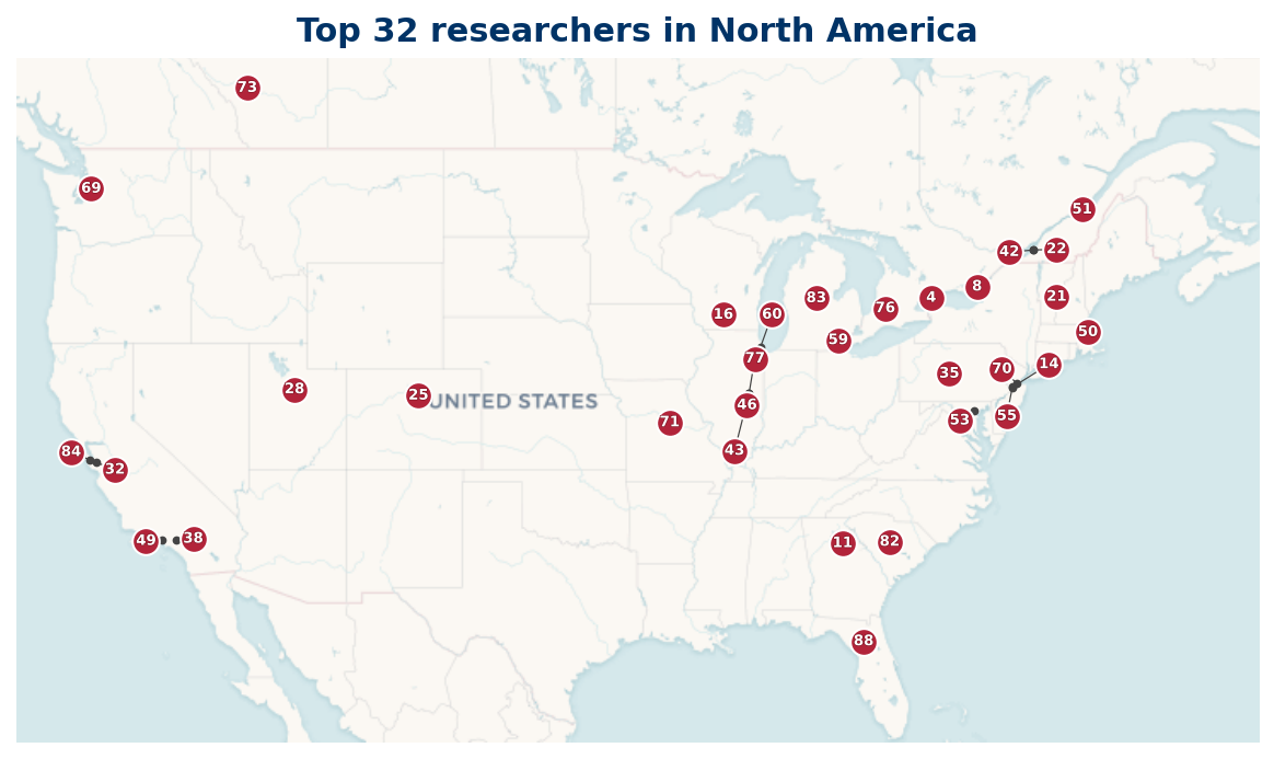Map of North America Top 100 researchers