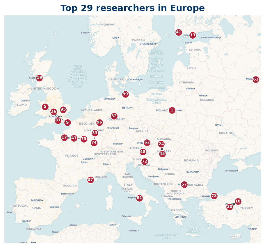 Map of Europe Top 100 researchers